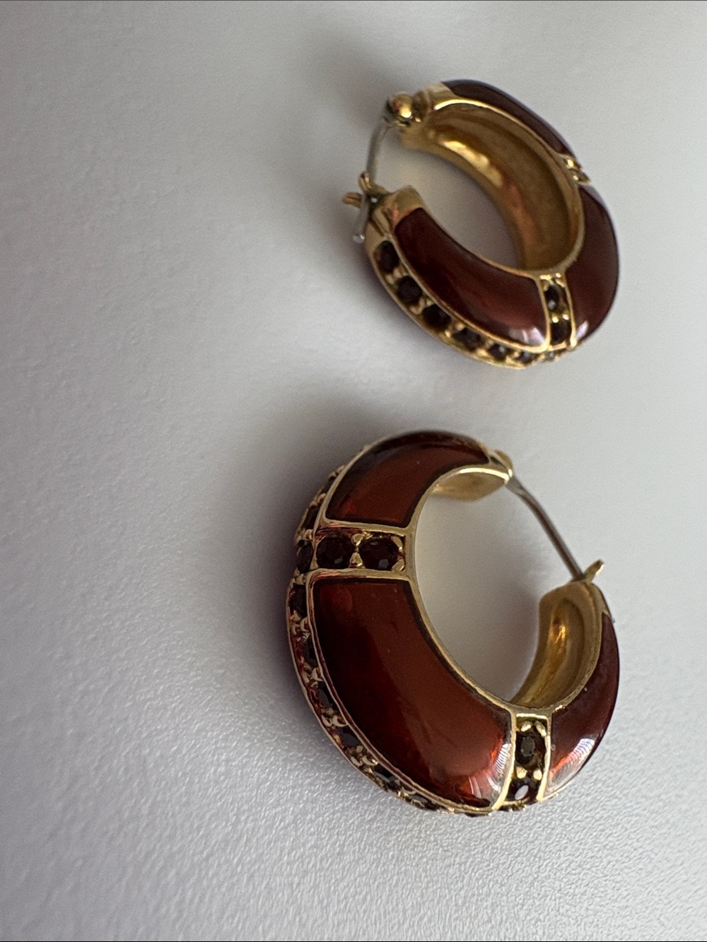 Vintage Enamel Earrings with Dark Ruby color Stones and Gold Finish - Picture 9 of 10